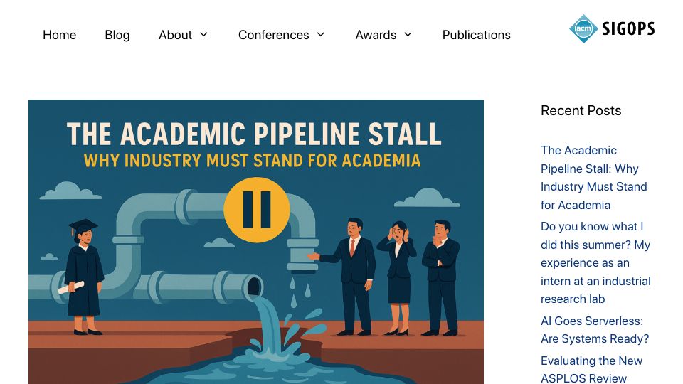 Screenshot of sigops.org: The Academic Pipeline Stall: Why Industry Must Stand for Academia