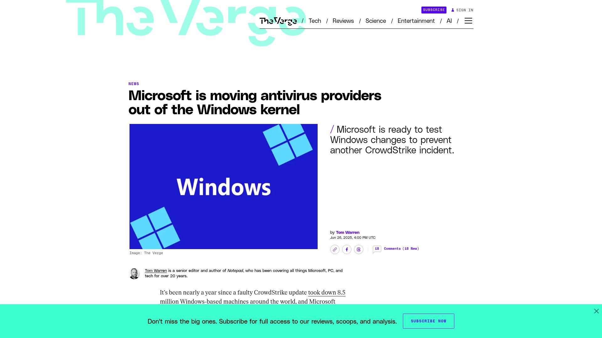 Screenshot of theverge.com: Microsoft is moving antivirus providers out of the Windows kernel