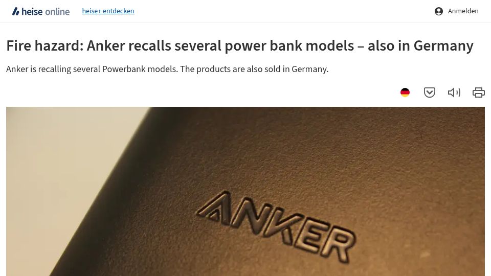 Screenshot of heise.de: Several Anker power bank models recalled: Supplier's batteries pose fire hazard