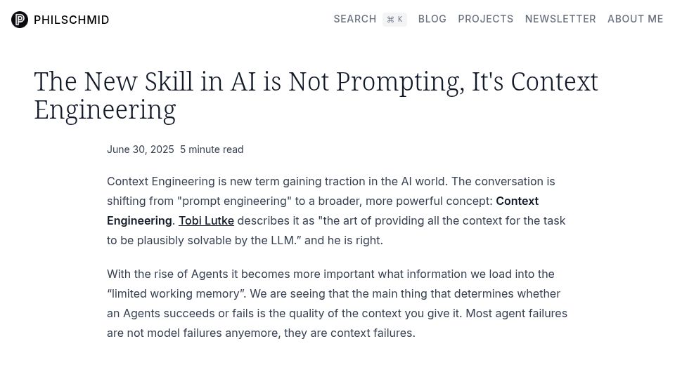 Screenshot of philschmid.de: The new skill in AI is not prompting, it's context engineering