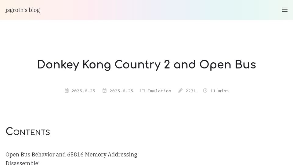 Screenshot of jsgroth.dev: Donkey Kong Country 2 and Open Bus