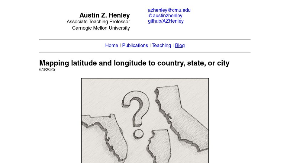 Screenshot of austinhenley.com: Mapping latitude and longitude to country, state, or city
