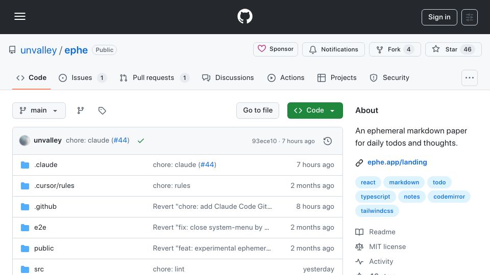 Screenshot of github.com: Show HN: Ephe – A minimalist open-source Markdown paper for today