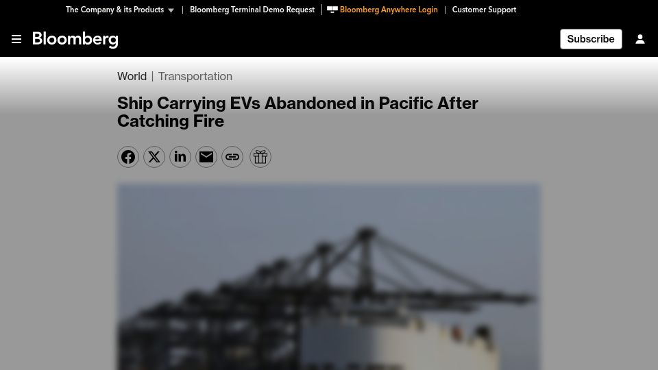 Screenshot of bloomberg.com: Ship Carrying EVs Abandoned in Pacific After Catching Fire