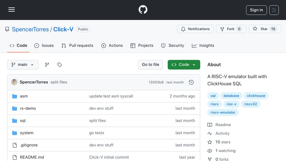 Screenshot of github.com: Click-V: A RISC-V emulator built with ClickHouse SQL