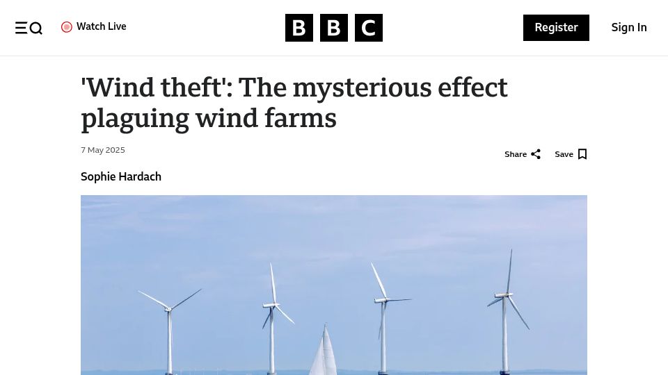 Screenshot of bbc.com: The wake effect: As wind farms expand, some can ‘steal’ each others’ wind