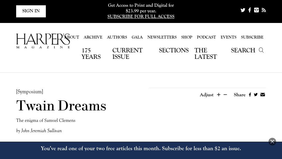 Screenshot of harpers.org: Twain Dreams