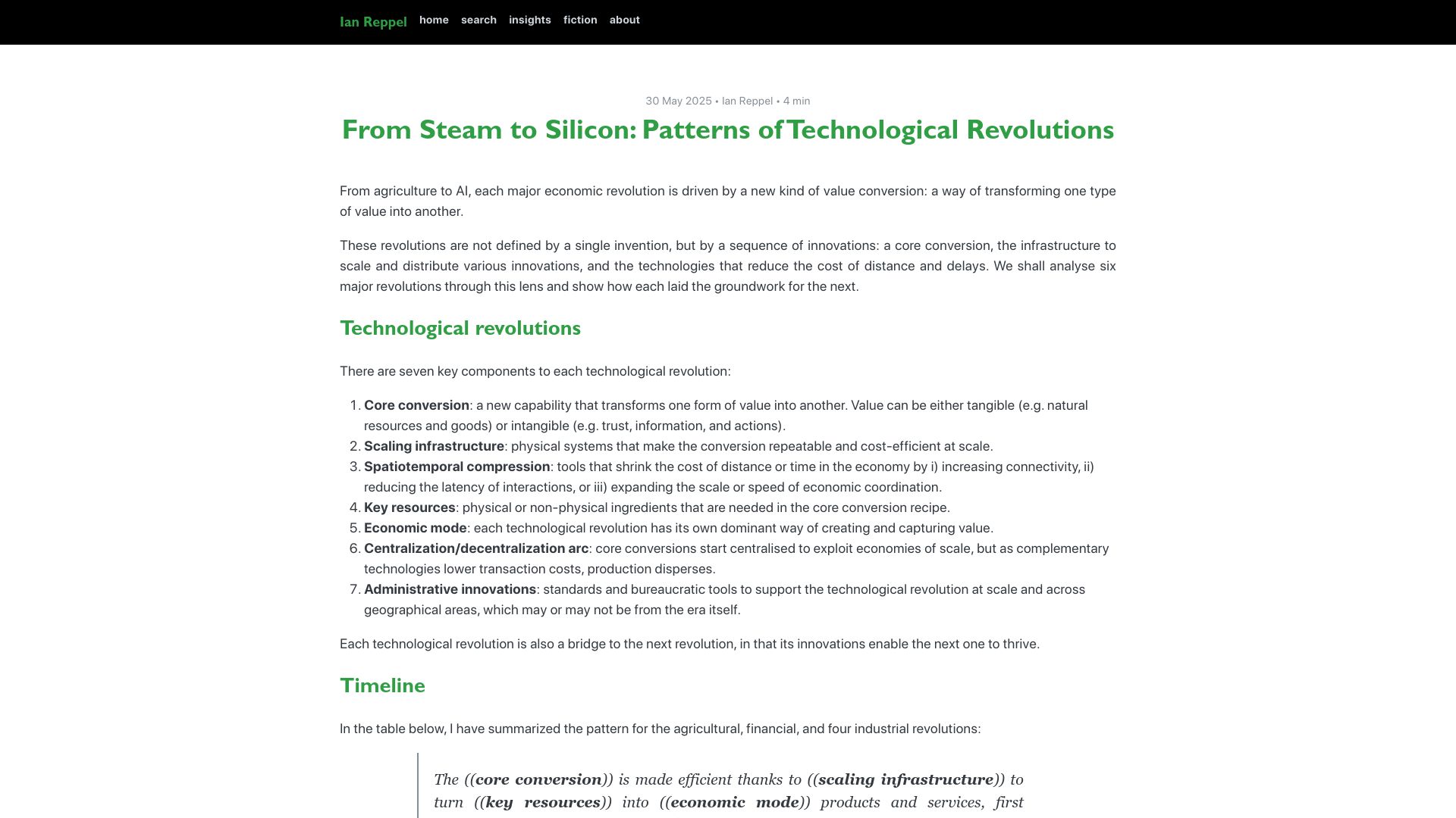 Screenshot of ianreppel.org: From Steam to Silicon: Patterns of Technological Revolutions