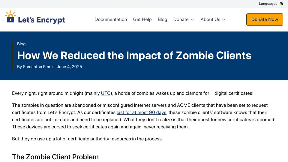 Screenshot of letsencrypt.org: How we reduced the impact of zombie clients