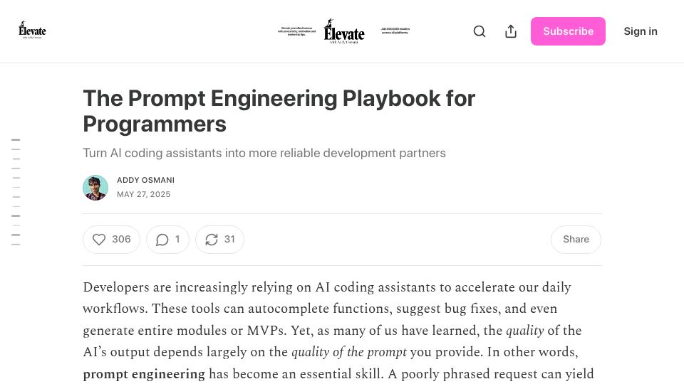 Screenshot of addyo.substack.com: Prompt engineering playbook for programmers