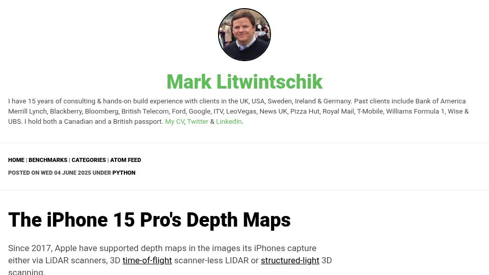 Screenshot of tech.marksblogg.com: The iPhone 15 Pro’s Depth Maps
