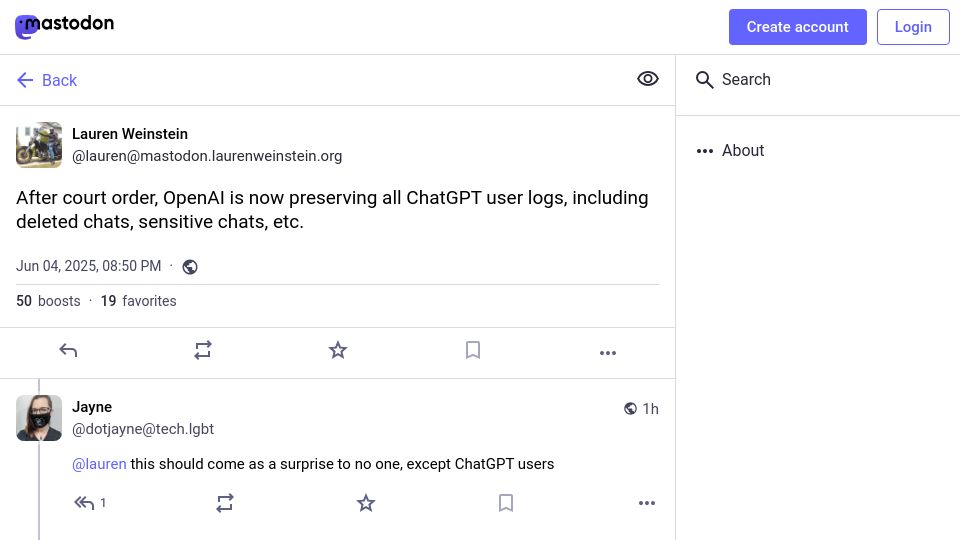 Screenshot of arstechnica.com: OpenAI slams court order to save all ChatGPT logs, including deleted chats