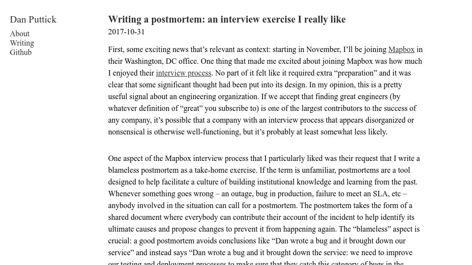 Screenshot of danielputtick.com: Writing a postmortem: an interview exercise I like (2017)