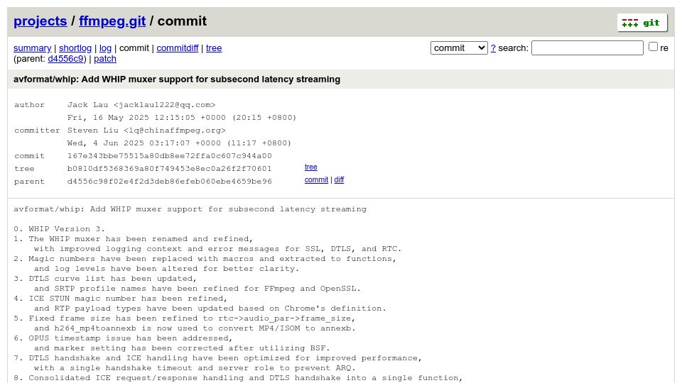 Screenshot of git.ffmpeg.org: FFmpeg merges WebRTC support