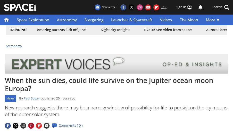 Screenshot of space.com: When the sun dies, could life survive on the Jupiter ocean moon Europa?