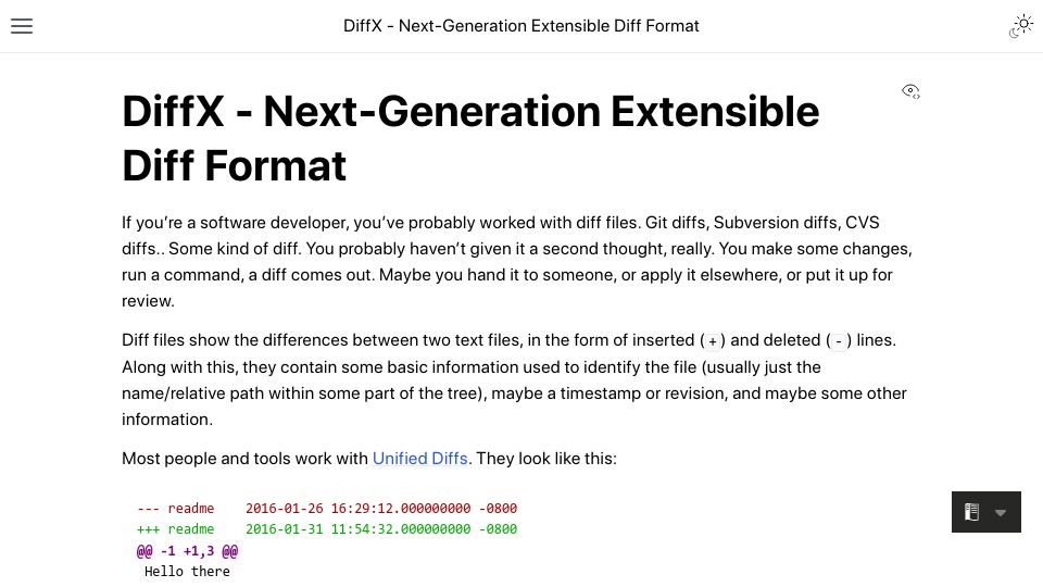 Screenshot of diffx.org: DiffX – Next-Generation Extensible Diff Format