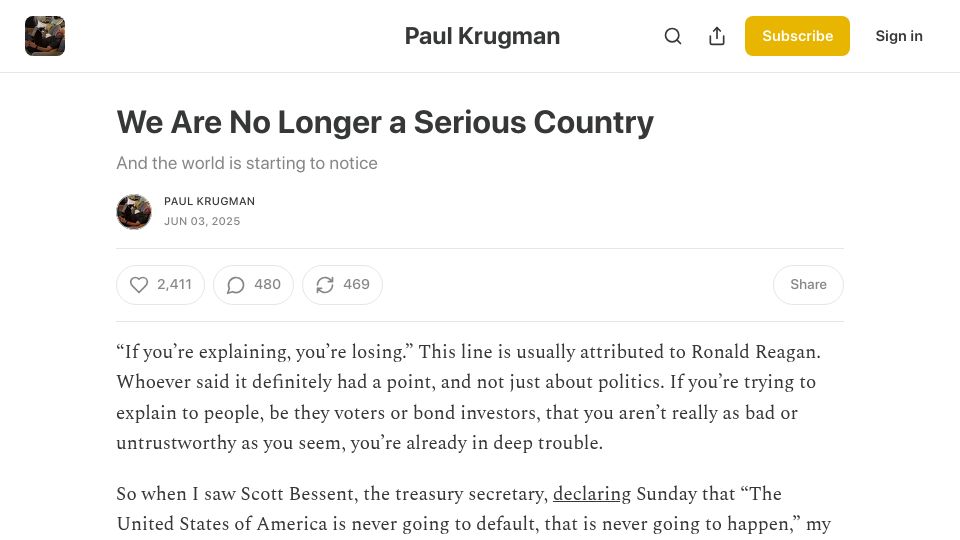 Screenshot of paulkrugman.substack.com: We Are No Longer a Serious Country – Paul Krugman
