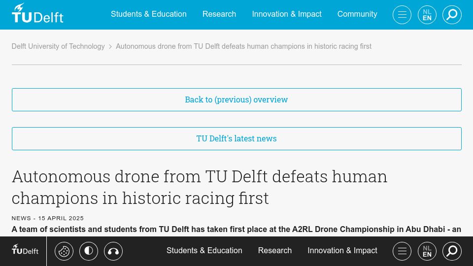 Screenshot of tudelft.nl: Autonomous drone defeats human champions in racing first