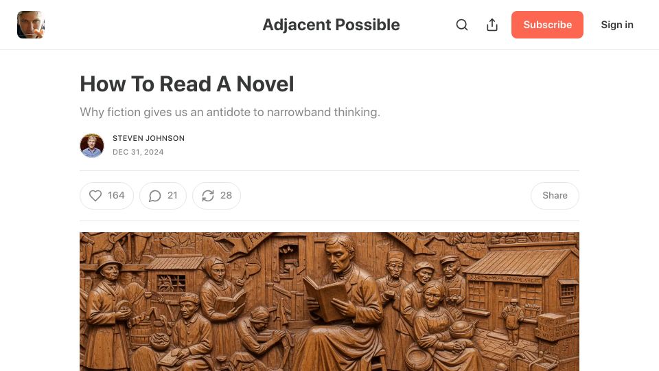 Screenshot of adjacentpossible.substack.com: How to Read a Novel
