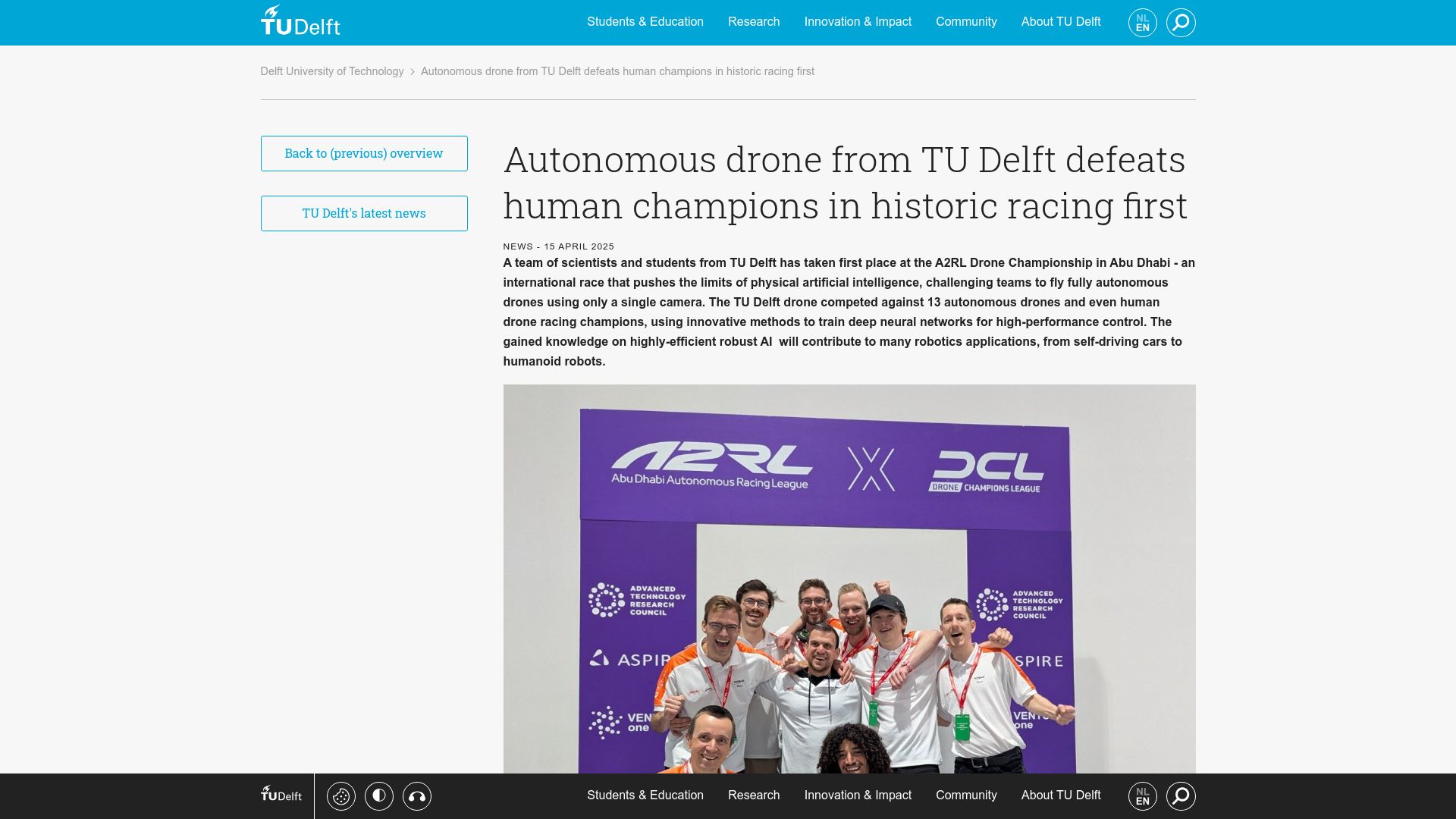 Screenshot of tudelft.nl: Autonomous drone defeats human champions in racing first
