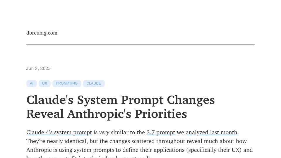 Screenshot of dbreunig.com: Comparing Claude System Prompts Reveal Anthropic's Priorities