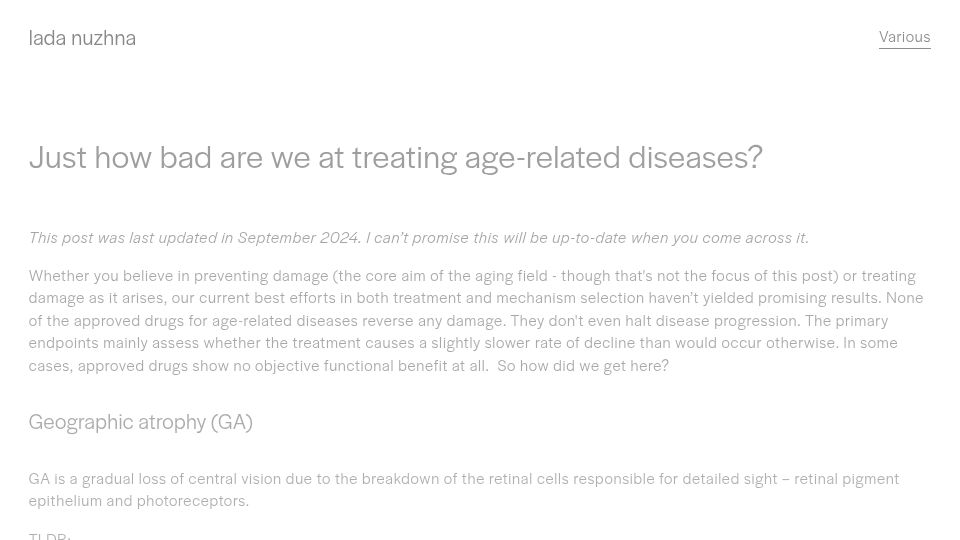 Screenshot of ladanuzhna.xyz: Just how bad are we at treating age-related diseases?