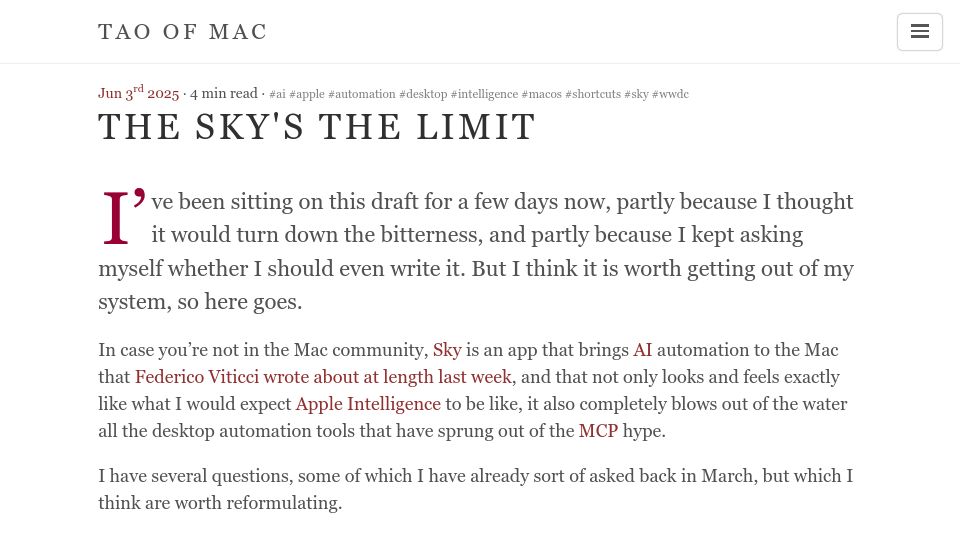 Screenshot of taoofmac.com: The Sky's the limit: AI automation on Mac