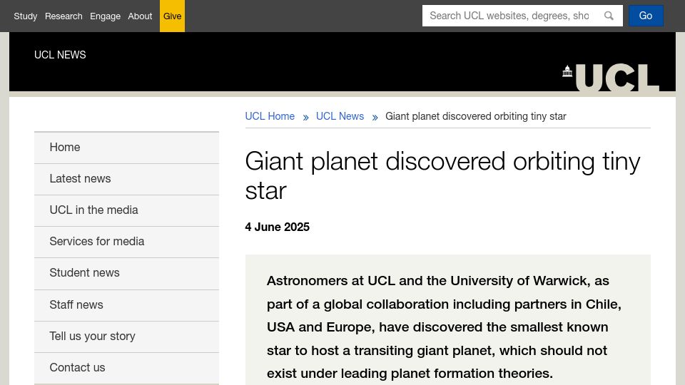 Screenshot of ucl.ac.uk: Giant planet discovered orbiting tiny star