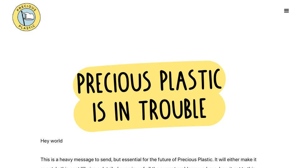 Screenshot of preciousplastic.com: Precious Plastic is in trouble