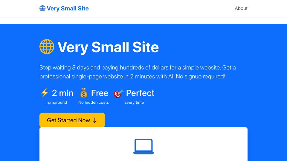 Screenshot of verysmall.site: Show HN: Verysmall.site – vibecode single page websites