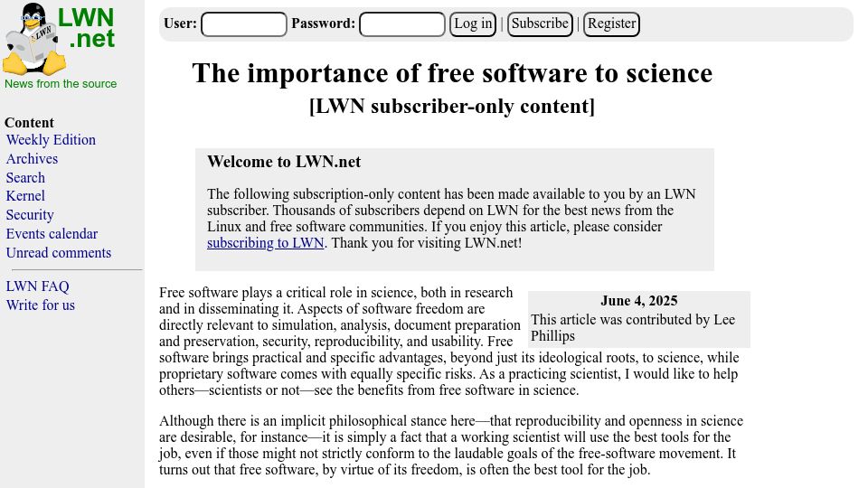 Screenshot of lwn.net: The importance of free software to science