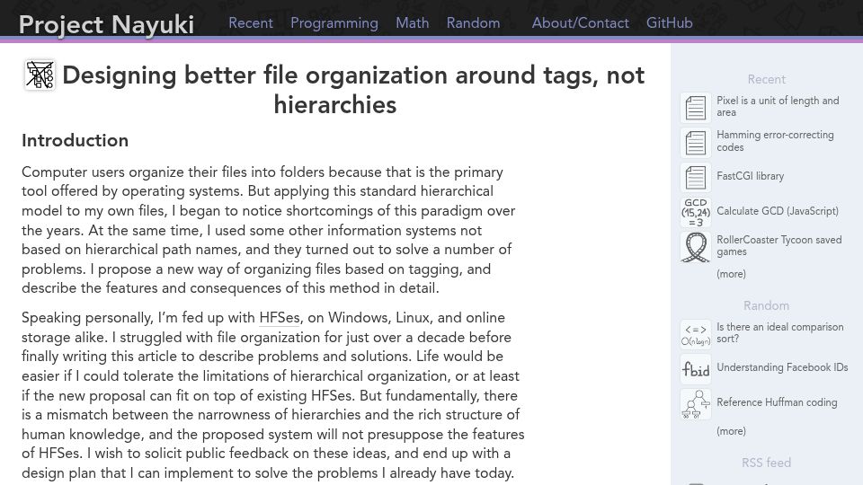 Screenshot of nayuki.io: Designing better file organization around tags, not hierarchies (2017)
