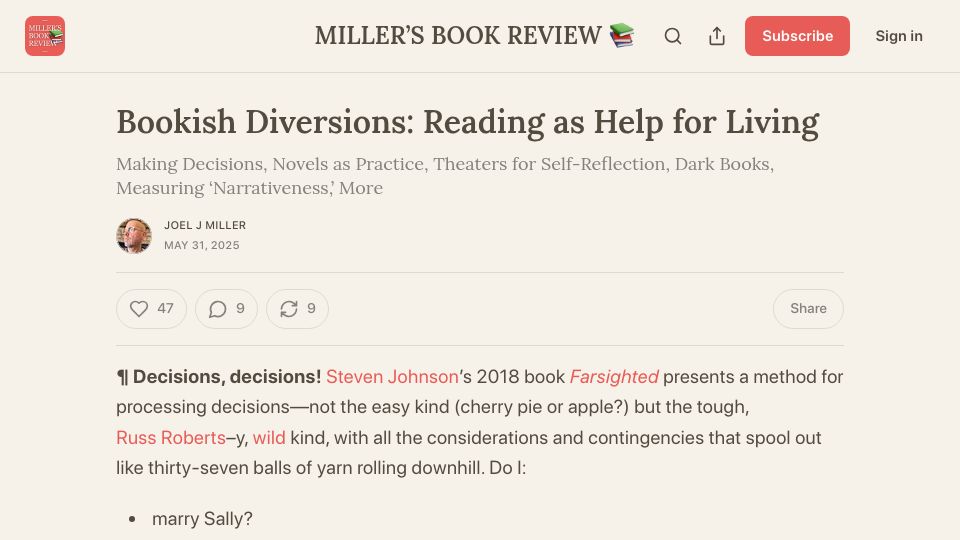Screenshot of millersbookreview.com: Bookish Diversions: Reading as Help for Living