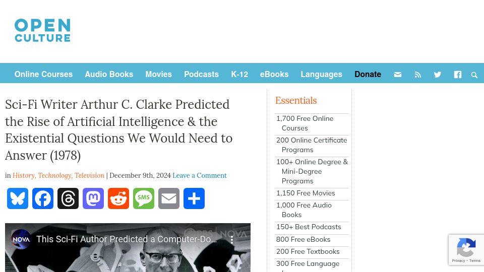 Screenshot of openculture.com: Arthur C. Clarke predicted a computer-dominated future in the ’70s (2024)