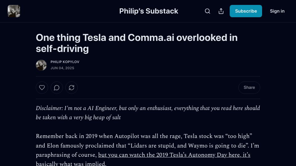 Screenshot of deepdream.substack.com: One thing Tesla and Comma.ai overlooked in self-driving