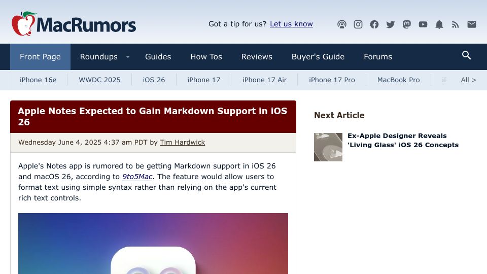 Screenshot of macrumors.com: Apple Notes Expected to Gain Markdown Support in iOS 26