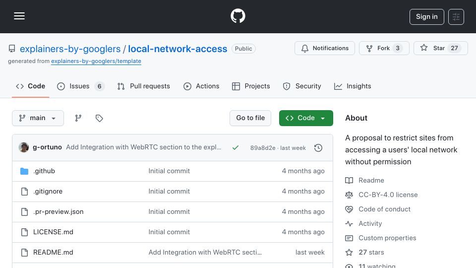 Screenshot of github.com: A proposal to restrict sites from accessing a users’ local network