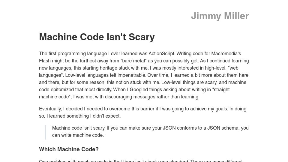 Screenshot of jimmyhmiller.com: Machine Code Isn't Scary