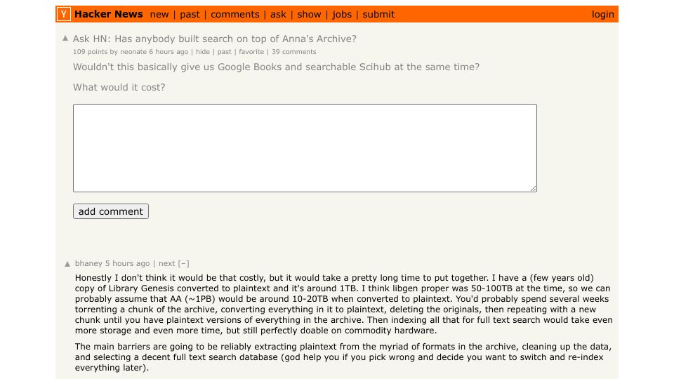 Screenshot of Hacker News post: Ask HN: Has anybody built search on top of Anna's Archive?