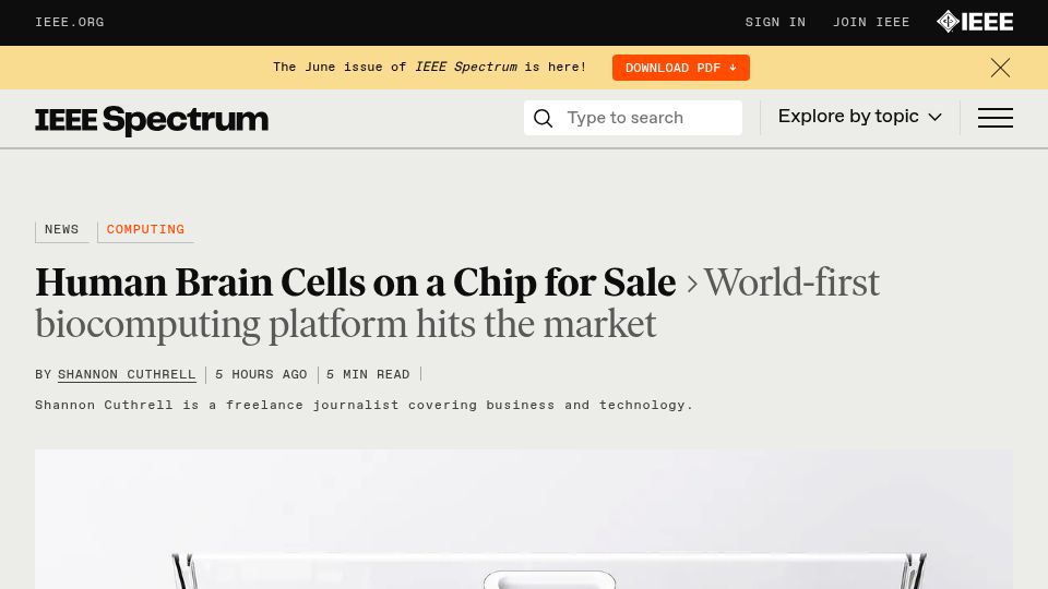 Screenshot of spectrum.ieee.org: Human Brain Cells on Chip for Sale – First biocomputing platform hits the market