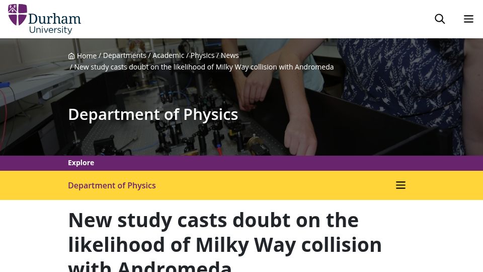 Screenshot of durham.ac.uk: New study casts doubt on the likelihood of Milky Way collision with Andromeda
