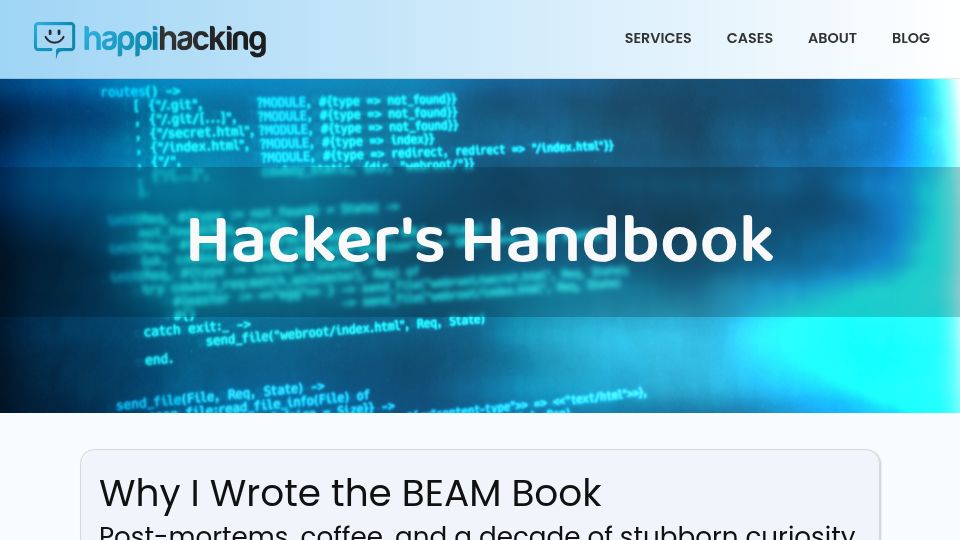Screenshot of happihacking.com: Why I wrote the BEAM book