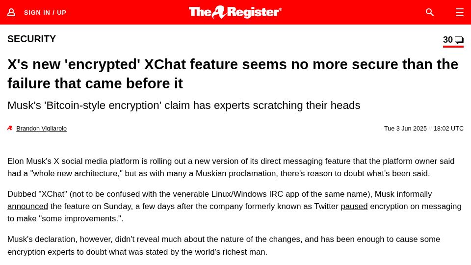 Screenshot of theregister.com: X's new "encrypted" XChat feature doesn't seem to be any more secure