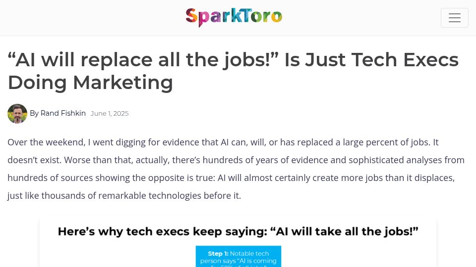 Screenshot of sparktoro.com: "AI Will Replace All the Jobs " Is Just Tech Execs Doing Marketing