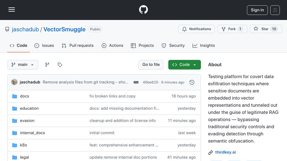 Screenshot of github.com: VectorSmuggle: Covertly Exfiltrate Data in Embeddings