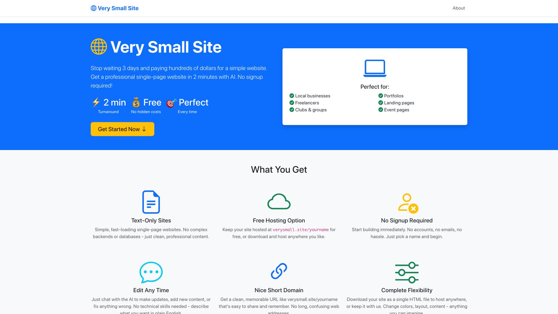 Screenshot of verysmall.site: Show HN: Verysmall.site – vibecode single page websites