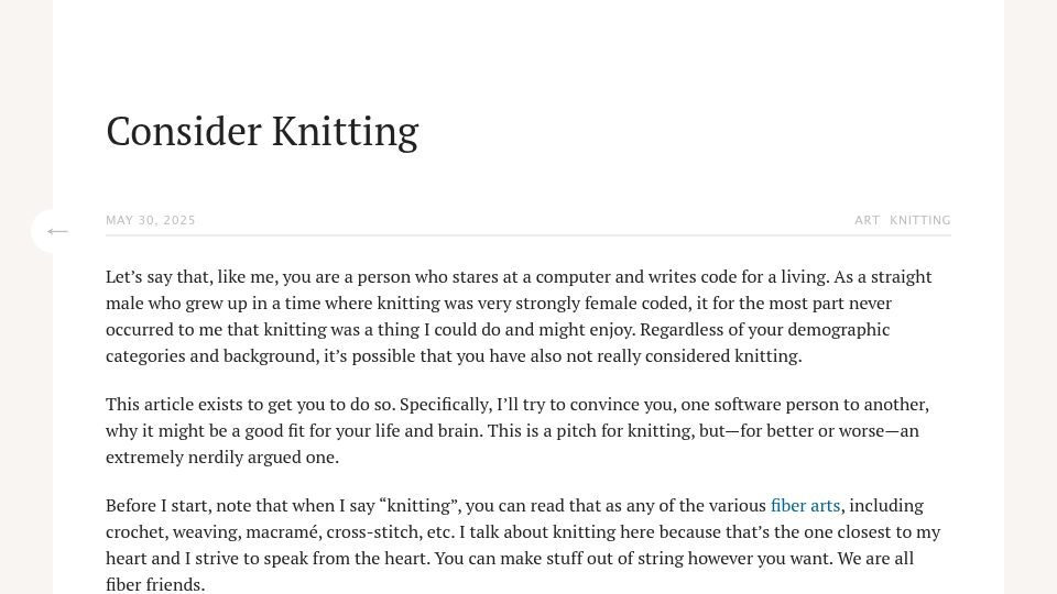 Screenshot of journal.stuffwithstuff.com: Consider Knitting