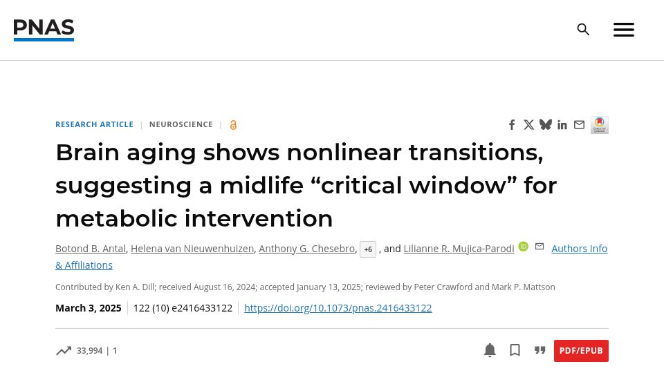 Screenshot of pnas.org: Brain aging shows nonlinear transitions, suggesting a midlife "critical window"