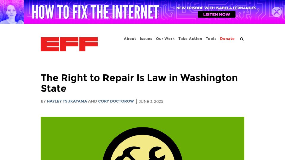 Screenshot of eff.org: The Right to Repair Is Law in Washington State