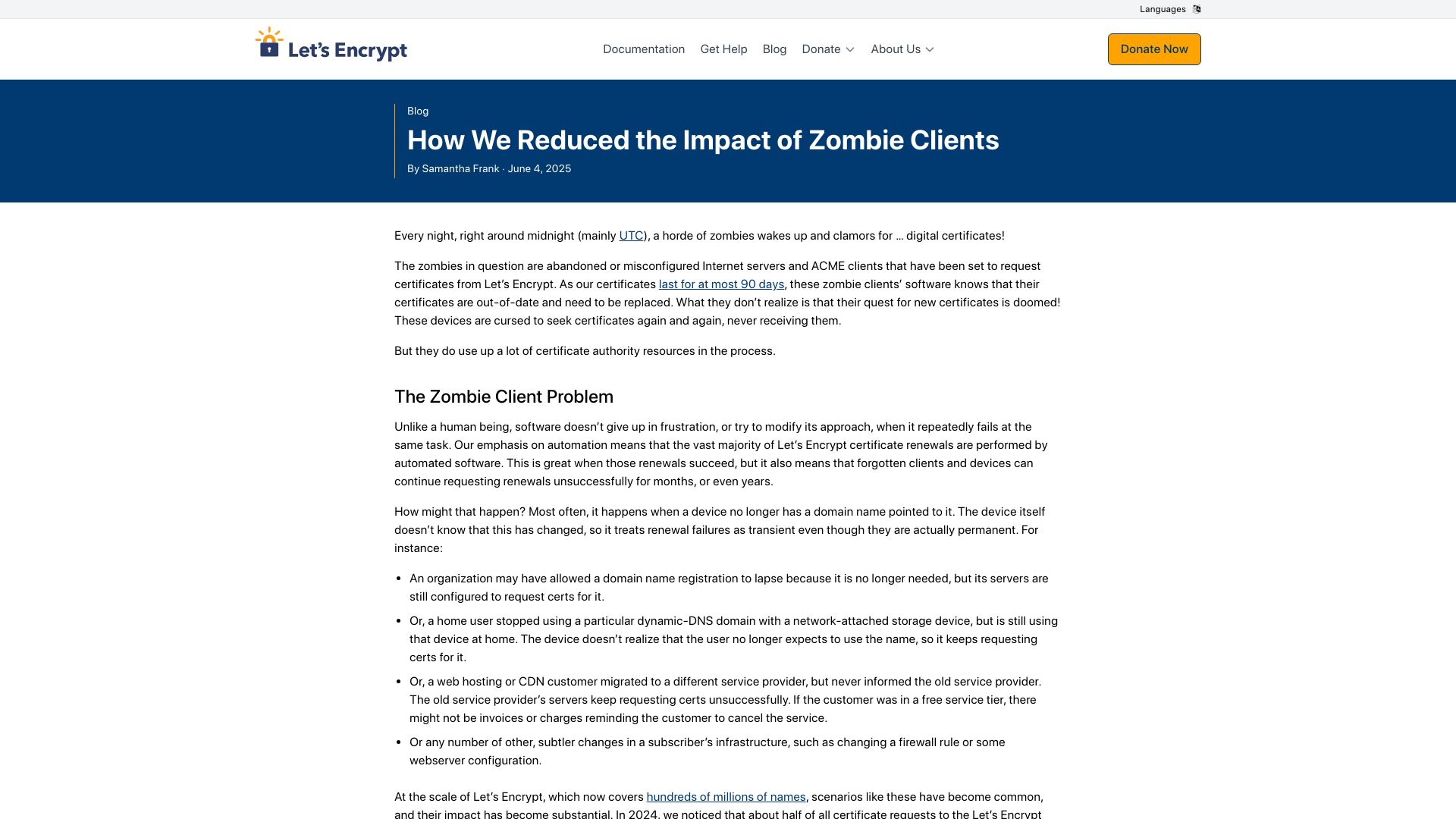 Screenshot of letsencrypt.org: How we reduced the impact of zombie clients